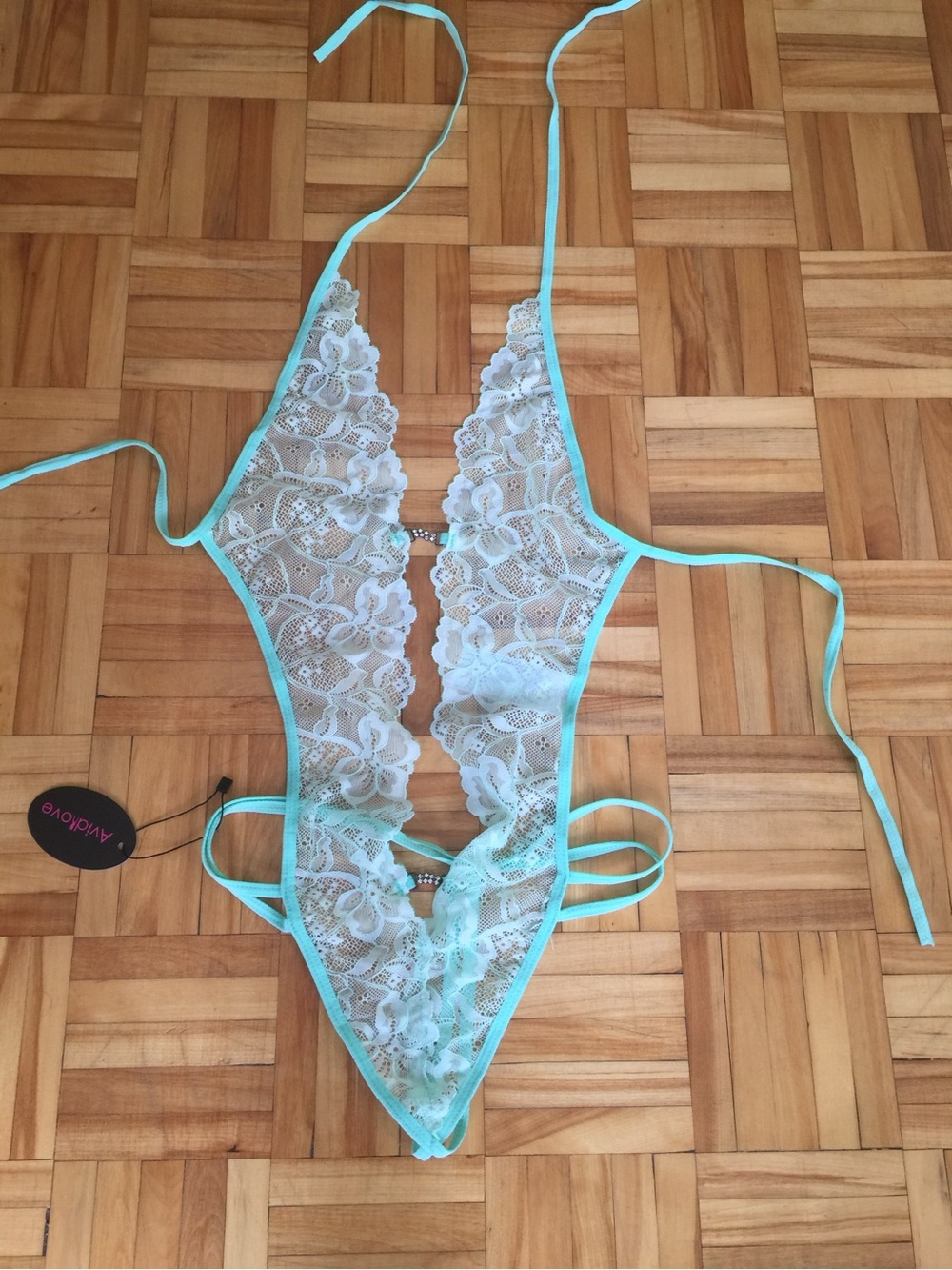Lace Plunge Teddy in Light Aqua -  Women Intimates